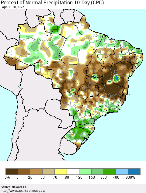 Brazil Percent of Normal Precipitation 10-Day (CPC) Thematic Map For 4/1/2022 - 4/10/2022