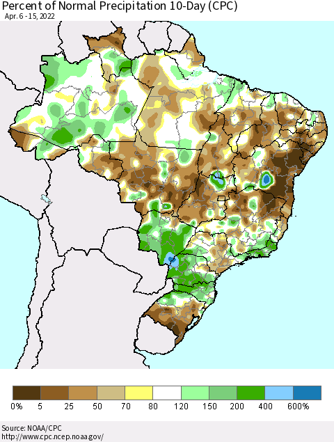 Brazil Percent of Normal Precipitation 10-Day (CPC) Thematic Map For 4/6/2022 - 4/15/2022
