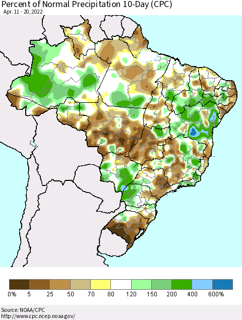 Brazil Percent of Normal Precipitation 10-Day (CPC) Thematic Map For 4/11/2022 - 4/20/2022