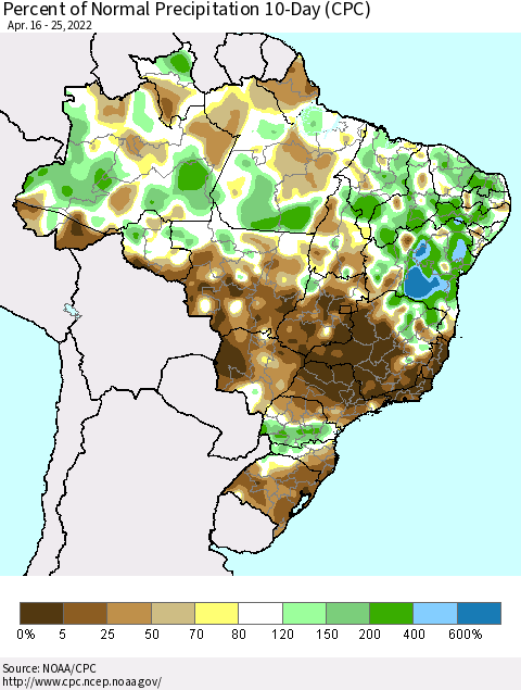 Brazil Percent of Normal Precipitation 10-Day (CPC) Thematic Map For 4/16/2022 - 4/25/2022