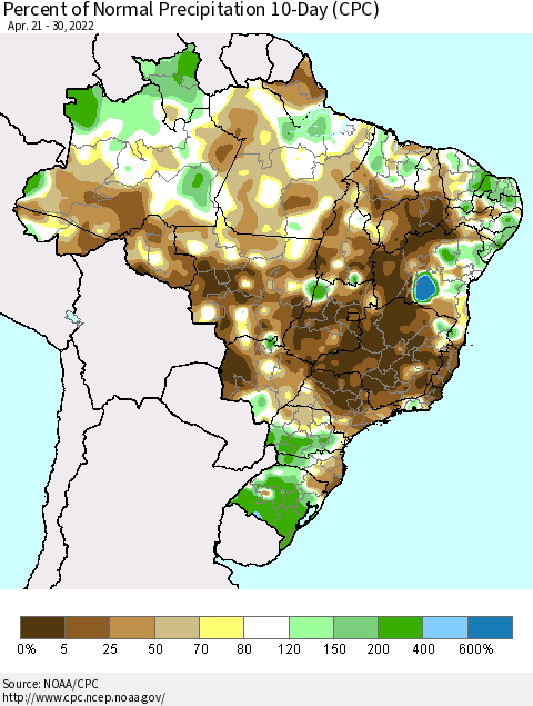 Brazil Percent of Normal Precipitation 10-Day (CPC) Thematic Map For 4/21/2022 - 4/30/2022
