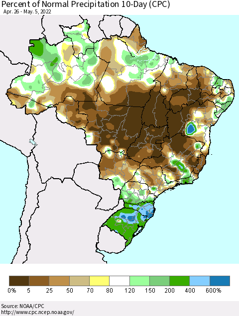 Brazil Percent of Normal Precipitation 10-Day (CPC) Thematic Map For 4/26/2022 - 5/5/2022