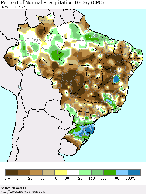 Brazil Percent of Normal Precipitation 10-Day (CPC) Thematic Map For 5/1/2022 - 5/10/2022