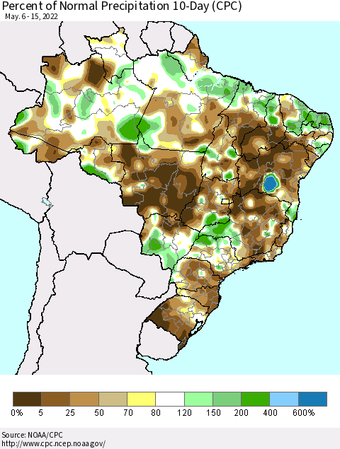 Brazil Percent of Normal Precipitation 10-Day (CPC) Thematic Map For 5/6/2022 - 5/15/2022