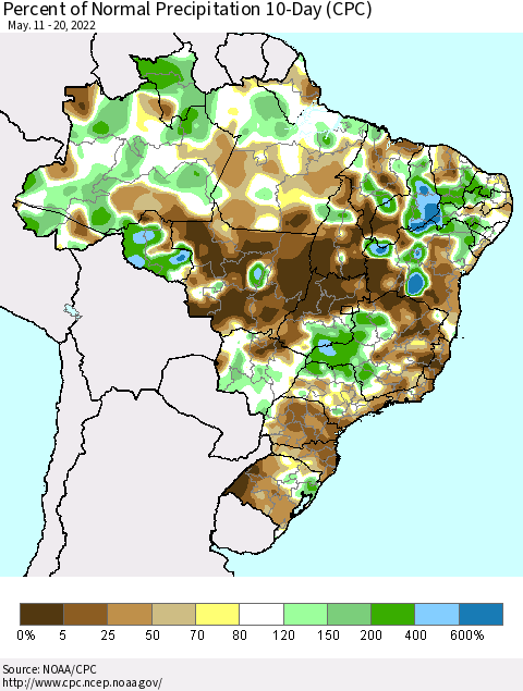 Brazil Percent of Normal Precipitation 10-Day (CPC) Thematic Map For 5/11/2022 - 5/20/2022