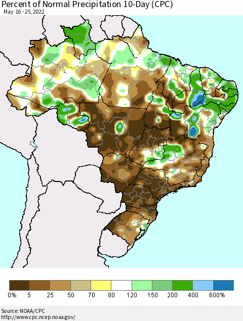 Brazil Percent of Normal Precipitation 10-Day (CPC) Thematic Map For 5/16/2022 - 5/25/2022