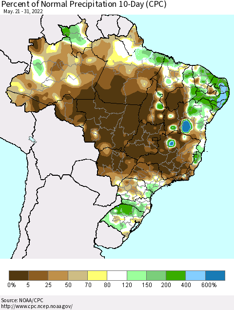 Brazil Percent of Normal Precipitation 10-Day (CPC) Thematic Map For 5/21/2022 - 5/31/2022
