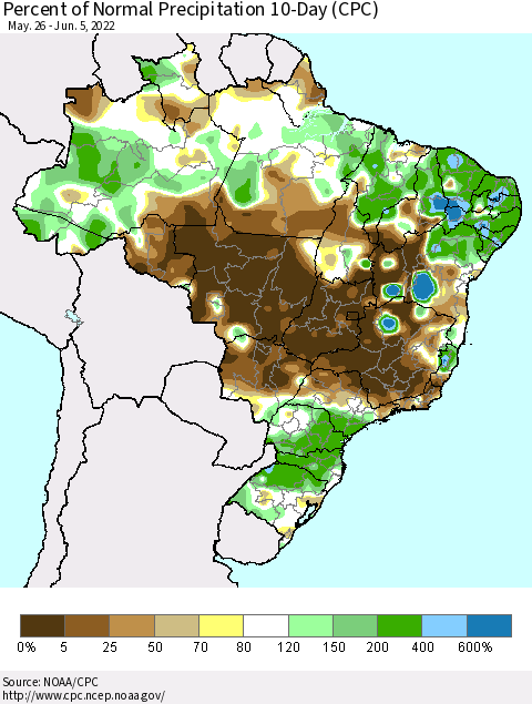 Brazil Percent of Normal Precipitation 10-Day (CPC) Thematic Map For 5/26/2022 - 6/5/2022