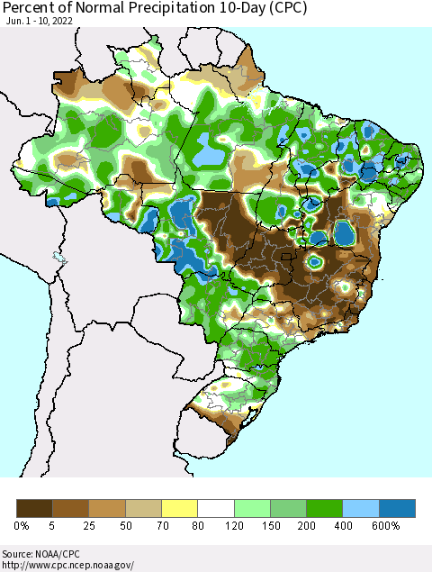 Brazil Percent of Normal Precipitation 10-Day (CPC) Thematic Map For 6/1/2022 - 6/10/2022
