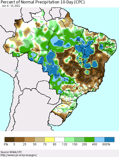 Brazil Percent of Normal Precipitation 10-Day (CPC) Thematic Map For 6/6/2022 - 6/15/2022