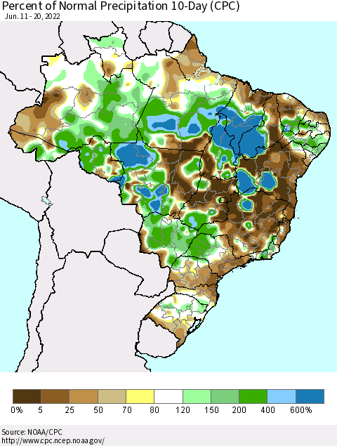 Brazil Percent of Normal Precipitation 10-Day (CPC) Thematic Map For 6/11/2022 - 6/20/2022
