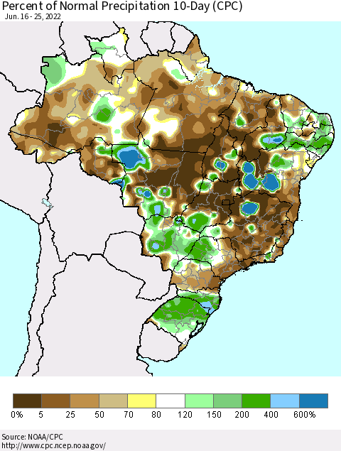 Brazil Percent of Normal Precipitation 10-Day (CPC) Thematic Map For 6/16/2022 - 6/25/2022