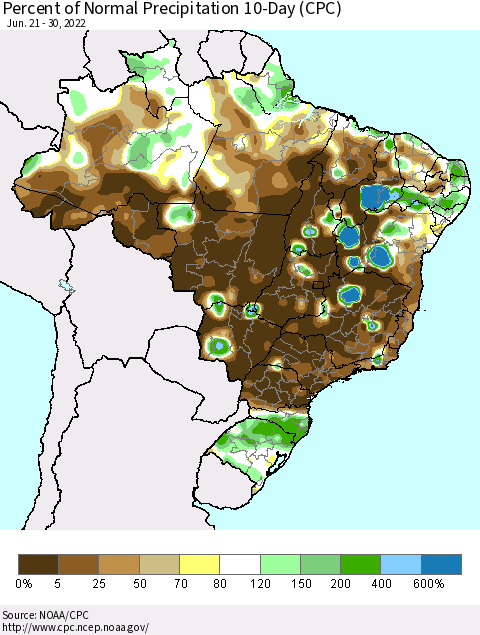Brazil Percent of Normal Precipitation 10-Day (CPC) Thematic Map For 6/21/2022 - 6/30/2022