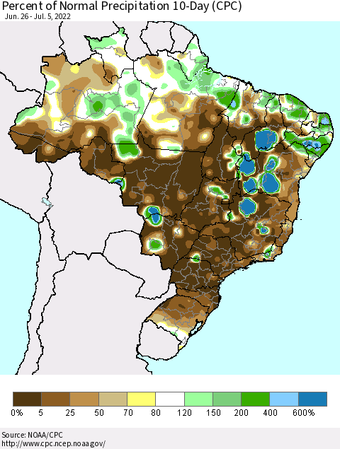 Brazil Percent of Normal Precipitation 10-Day (CPC) Thematic Map For 6/26/2022 - 7/5/2022