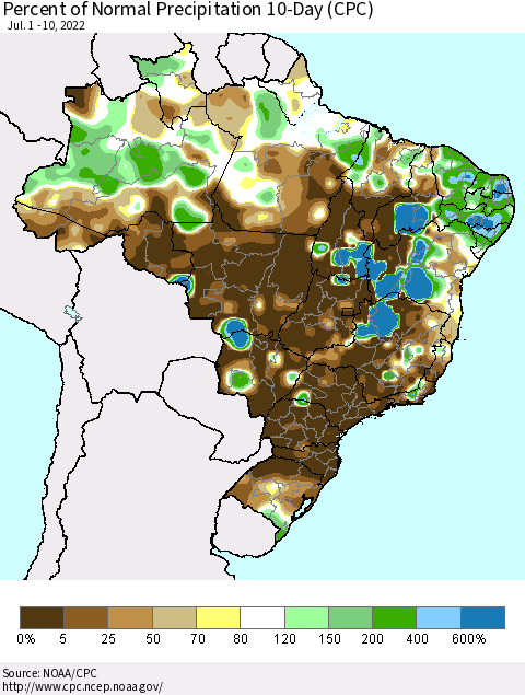 Brazil Percent of Normal Precipitation 10-Day (CPC) Thematic Map For 7/1/2022 - 7/10/2022