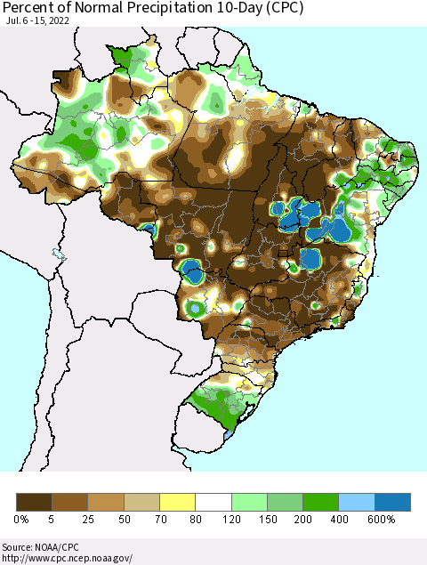 Brazil Percent of Normal Precipitation 10-Day (CPC) Thematic Map For 7/6/2022 - 7/15/2022