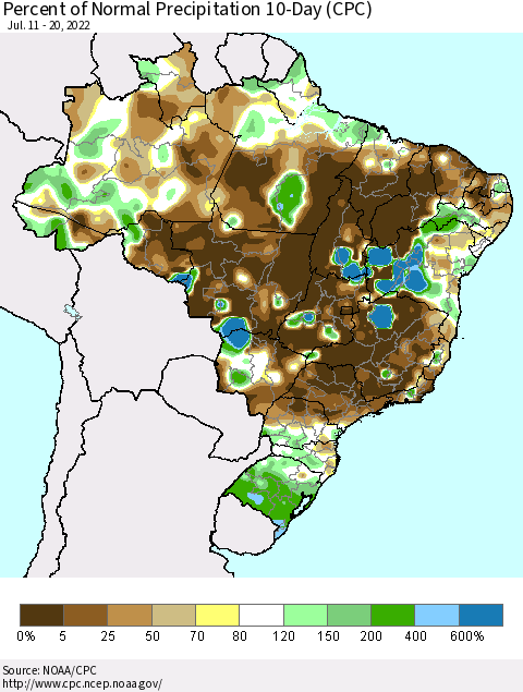 Brazil Percent of Normal Precipitation 10-Day (CPC) Thematic Map For 7/11/2022 - 7/20/2022