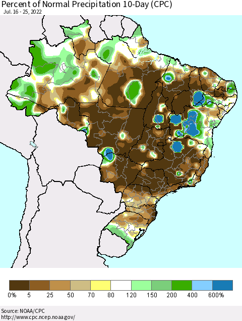 Brazil Percent of Normal Precipitation 10-Day (CPC) Thematic Map For 7/16/2022 - 7/25/2022