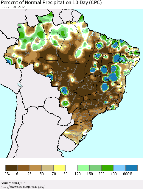Brazil Percent of Normal Precipitation 10-Day (CPC) Thematic Map For 7/21/2022 - 7/31/2022