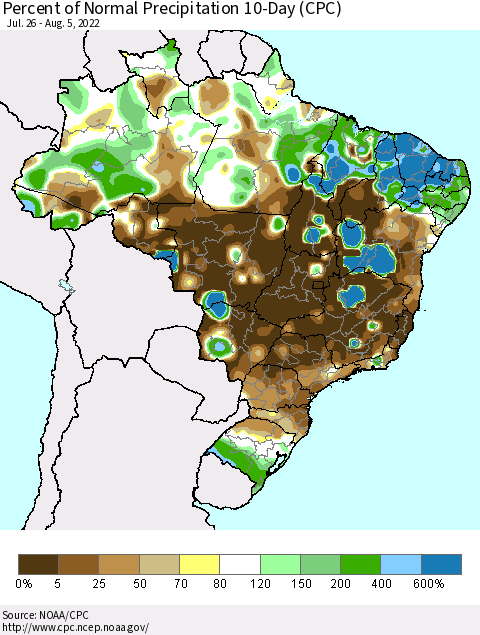 Brazil Percent of Normal Precipitation 10-Day (CPC) Thematic Map For 7/26/2022 - 8/5/2022