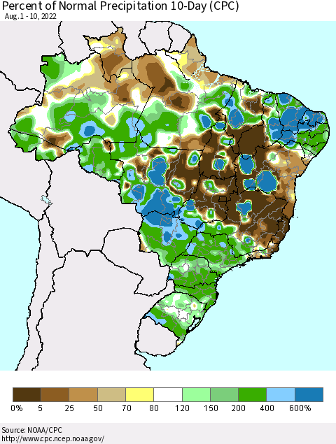 Brazil Percent of Normal Precipitation 10-Day (CPC) Thematic Map For 8/1/2022 - 8/10/2022