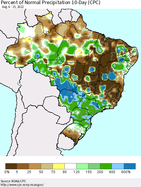 Brazil Percent of Normal Precipitation 10-Day (CPC) Thematic Map For 8/6/2022 - 8/15/2022
