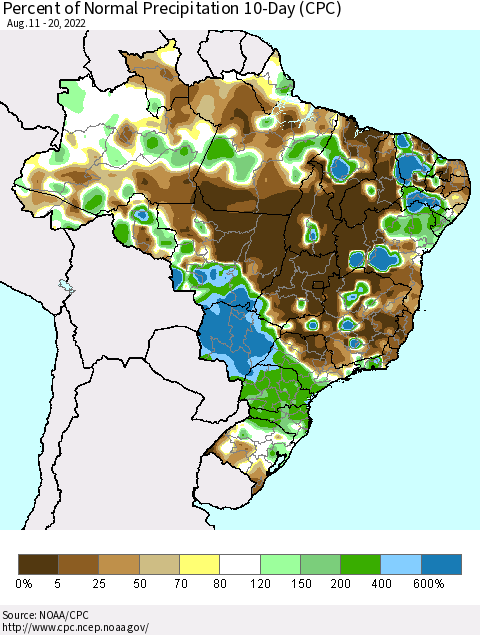 Brazil Percent of Normal Precipitation 10-Day (CPC) Thematic Map For 8/11/2022 - 8/20/2022