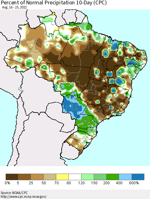 Brazil Percent of Normal Precipitation 10-Day (CPC) Thematic Map For 8/16/2022 - 8/25/2022