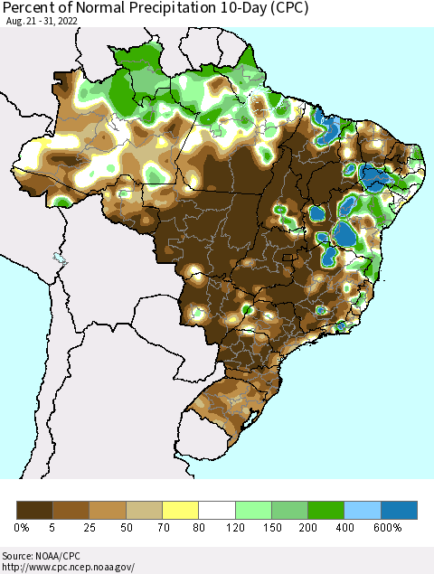 Brazil Percent of Normal Precipitation 10-Day (CPC) Thematic Map For 8/21/2022 - 8/31/2022