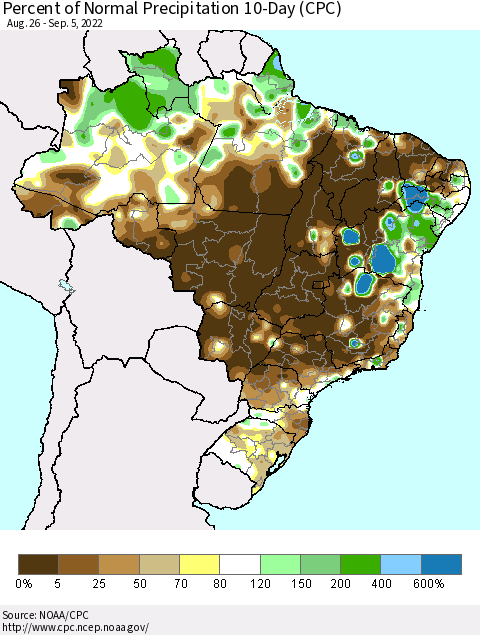 Brazil Percent of Normal Precipitation 10-Day (CPC) Thematic Map For 8/26/2022 - 9/5/2022