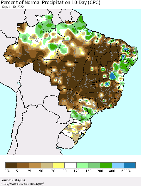 Brazil Percent of Normal Precipitation 10-Day (CPC) Thematic Map For 9/1/2022 - 9/10/2022
