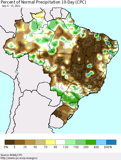Brazil Percent of Normal Precipitation 10-Day (CPC) Thematic Map For 9/6/2022 - 9/15/2022