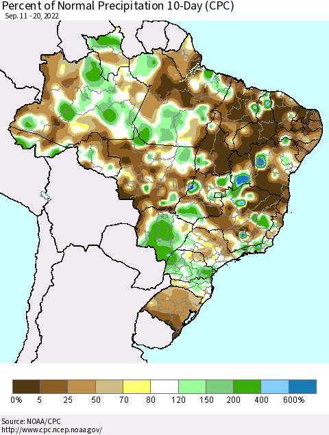Brazil Percent of Normal Precipitation 10-Day (CPC) Thematic Map For 9/11/2022 - 9/20/2022