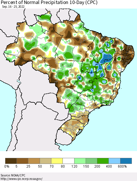 Brazil Percent of Normal Precipitation 10-Day (CPC) Thematic Map For 9/16/2022 - 9/25/2022