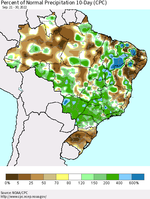 Brazil Percent of Normal Precipitation 10-Day (CPC) Thematic Map For 9/21/2022 - 9/30/2022