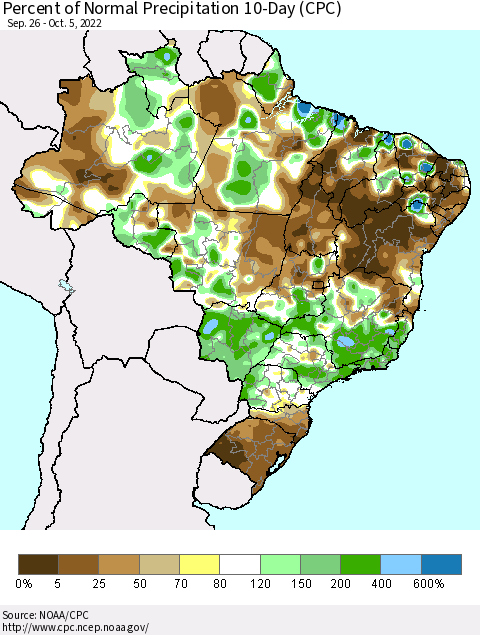 Brazil Percent of Normal Precipitation 10-Day (CPC) Thematic Map For 9/26/2022 - 10/5/2022