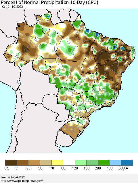 Brazil Percent of Normal Precipitation 10-Day (CPC) Thematic Map For 10/1/2022 - 10/10/2022