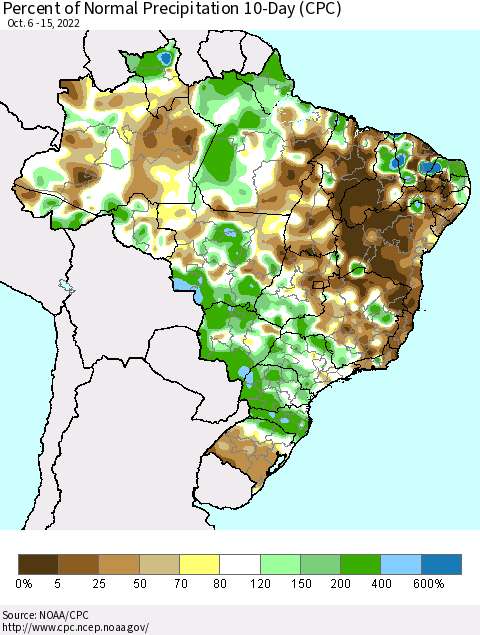 Brazil Percent of Normal Precipitation 10-Day (CPC) Thematic Map For 10/6/2022 - 10/15/2022
