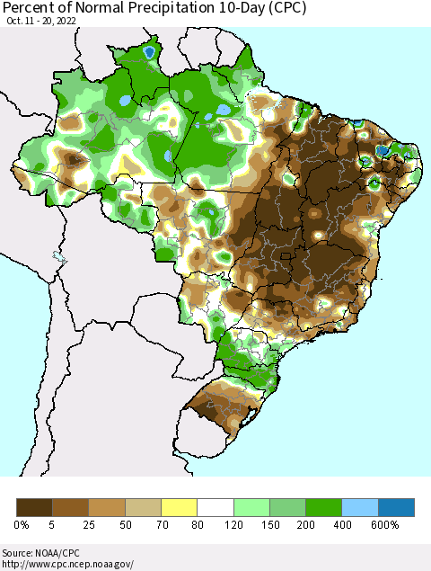 Brazil Percent of Normal Precipitation 10-Day (CPC) Thematic Map For 10/11/2022 - 10/20/2022