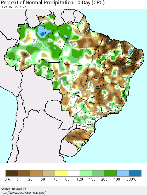 Brazil Percent of Normal Precipitation 10-Day (CPC) Thematic Map For 10/16/2022 - 10/25/2022