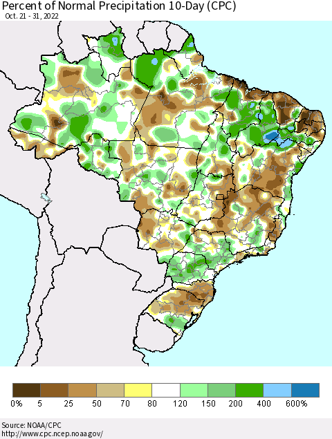 Brazil Percent of Normal Precipitation 10-Day (CPC) Thematic Map For 10/21/2022 - 10/31/2022