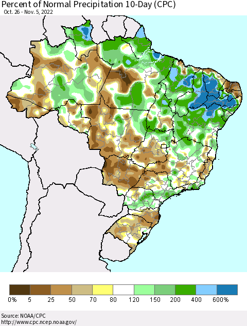 Brazil Percent of Normal Precipitation 10-Day (CPC) Thematic Map For 10/26/2022 - 11/5/2022