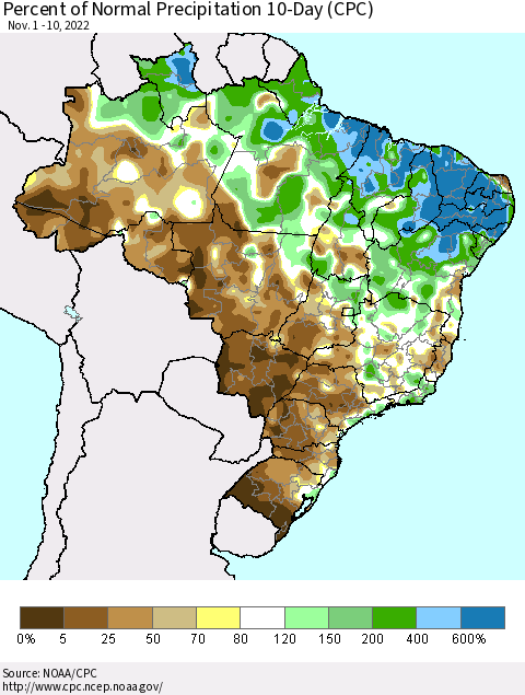 Brazil Percent of Normal Precipitation 10-Day (CPC) Thematic Map For 11/1/2022 - 11/10/2022