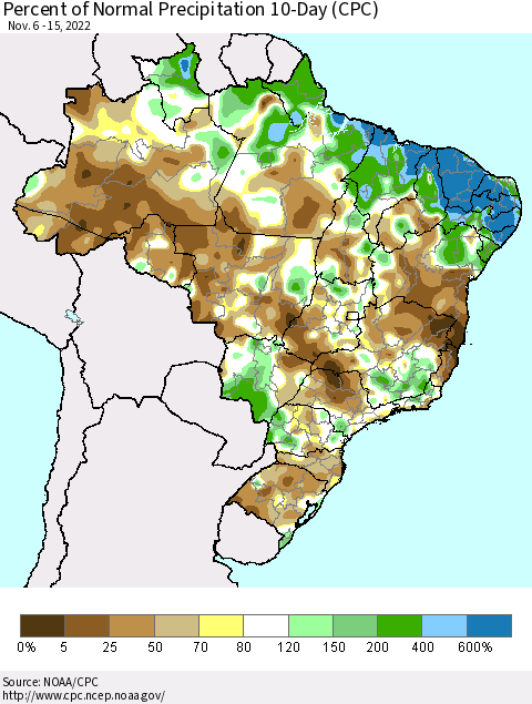 Brazil Percent of Normal Precipitation 10-Day (CPC) Thematic Map For 11/6/2022 - 11/15/2022