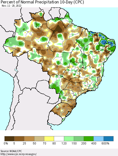 Brazil Percent of Normal Precipitation 10-Day (CPC) Thematic Map For 11/11/2022 - 11/20/2022