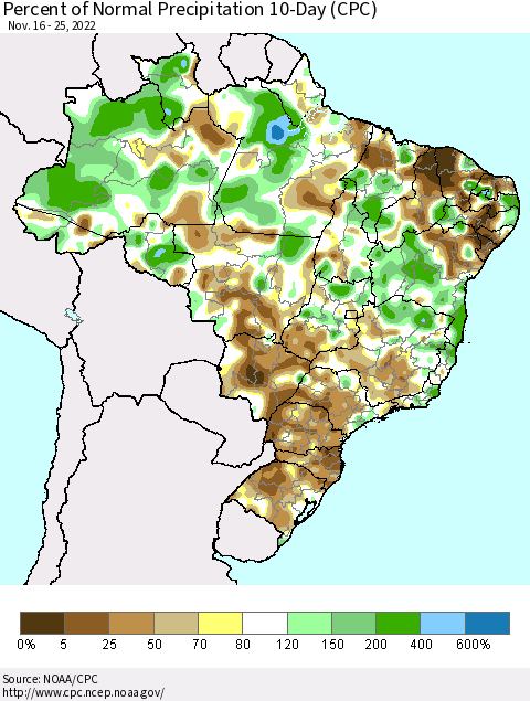 Brazil Percent of Normal Precipitation 10-Day (CPC) Thematic Map For 11/16/2022 - 11/25/2022