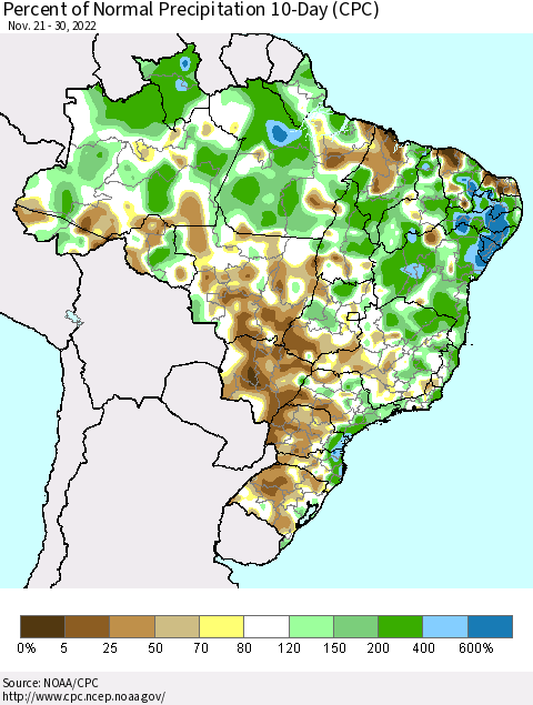 Brazil Percent of Normal Precipitation 10-Day (CPC) Thematic Map For 11/21/2022 - 11/30/2022