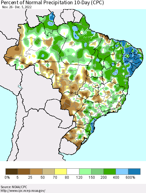 Brazil Percent of Normal Precipitation 10-Day (CPC) Thematic Map For 11/26/2022 - 12/5/2022
