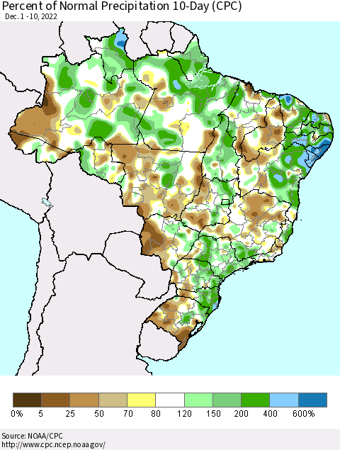 Brazil Percent of Normal Precipitation 10-Day (CPC) Thematic Map For 12/1/2022 - 12/10/2022