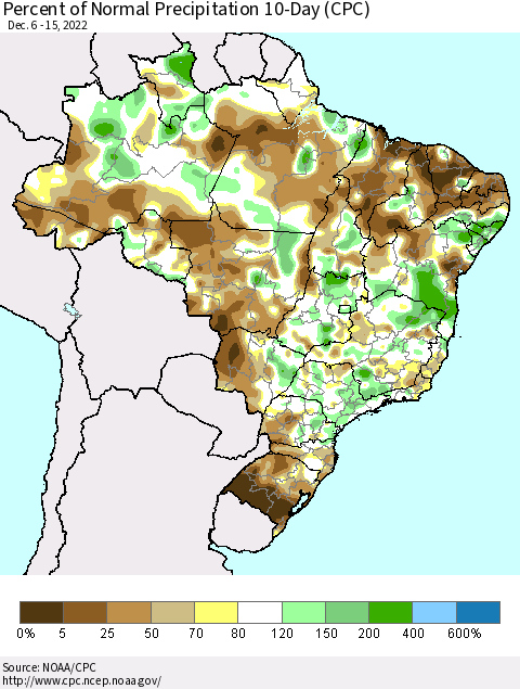 Brazil Percent of Normal Precipitation 10-Day (CPC) Thematic Map For 12/6/2022 - 12/15/2022
